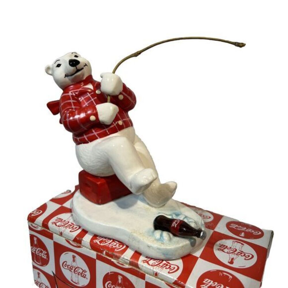 Coca-Cola Always Ice Fishing Ceramic Polar Bear‎ Figurine  - Vintage 1995